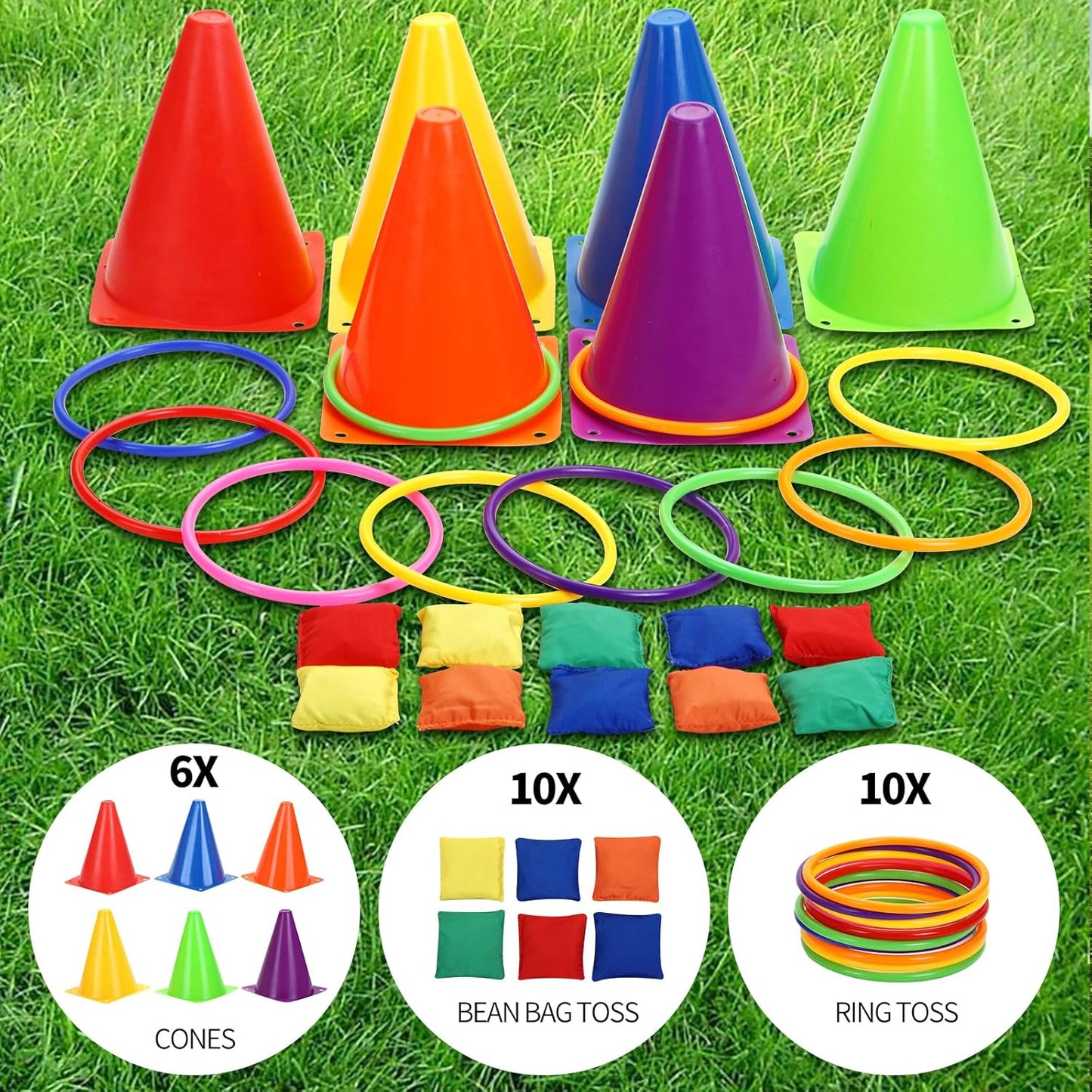 Spelset - 3-in-1 plastic kegel ring toss game - sandbag for kids - garden playset - indoor and outdoor playset for children (26 pieces)