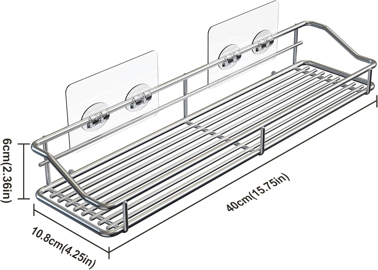Storage rack for the bathroom, shower and kitchen - uses traceable transparent glue - no drilling required - stainless steel SUS304 - 15.75 inches - silver