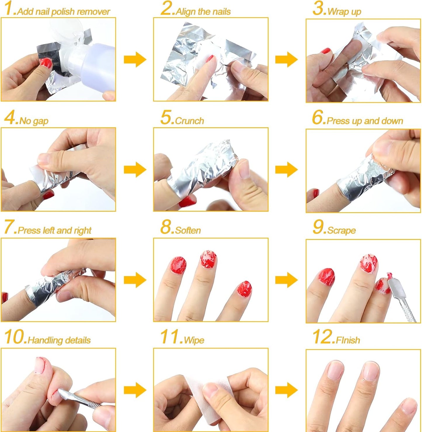 100 foil nail stickers, foil for gel nails, nail foil remover with pre-installed lint-free cotton pads for manicure and pedicure, nail art cleanser