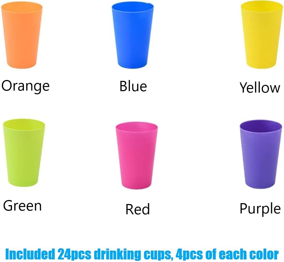Set of 24 reusable plastic cups, 250 ml, durable plastic drink cups for kids, for use in the kitchen, outdoors, parties, picnics, barbecues, travel (6 bright colours)