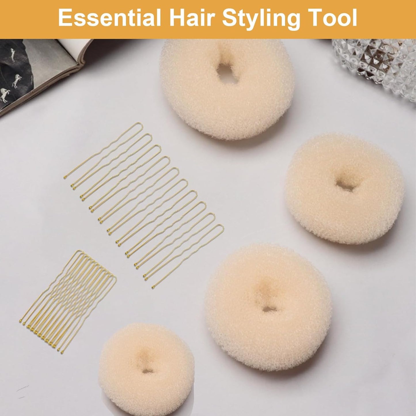 4-piece ring donut bun styler set with 20 gold hair clips, beige donut bun maker, hair rings, styling kit for dancers, ballerinas, girls, etc. and daily hair styling DIY (beige)