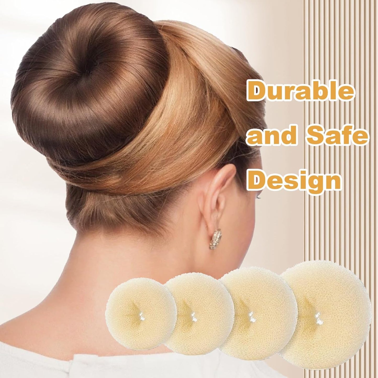 4-piece ring donut bun styler set with 20 gold hair clips, beige donut bun maker, hair rings, styling kit for dancers, ballerinas, girls, etc. and daily hair styling DIY (beige)
