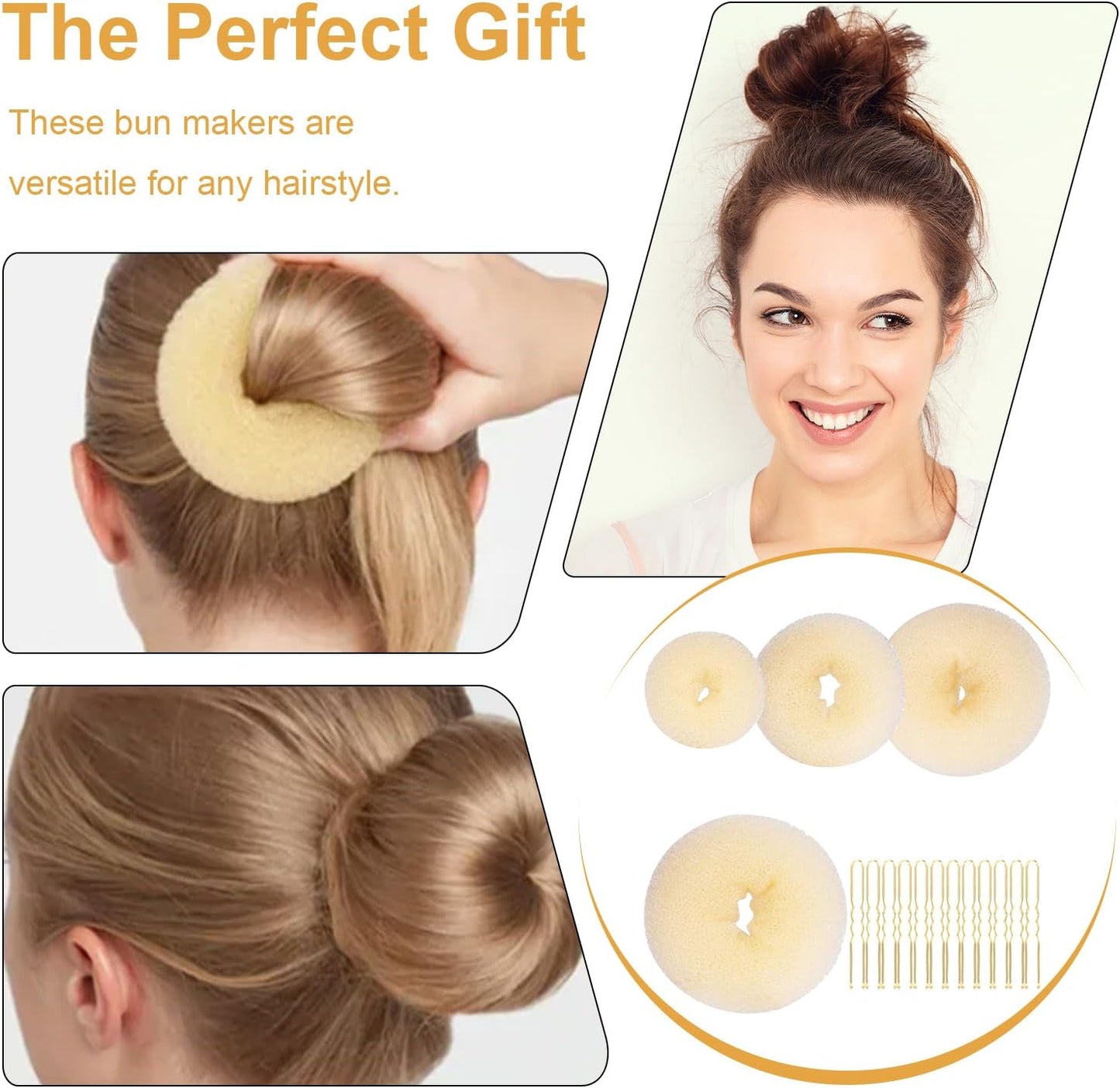 4-piece ring donut bun styler set with 20 gold hair clips, beige donut bun maker, hair rings, styling kit for dancers, ballerinas, girls, etc. and daily hair styling DIY (beige)