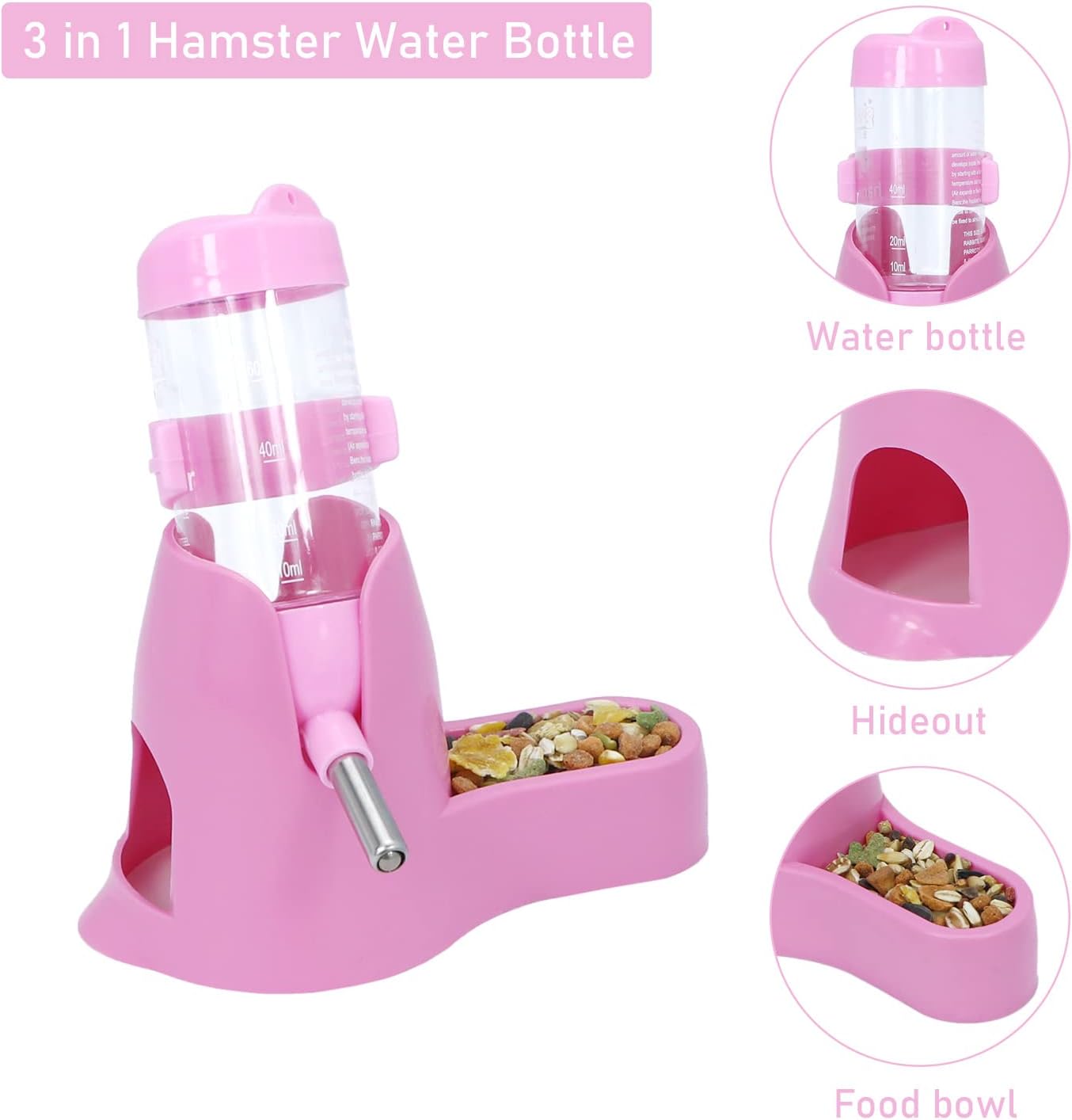 Water bowl for small animals - 3-in-1 hanging water bottle for hamsters - Automatic pet water bowl with stand - Suitable for dwarf hamsters, mice, rats and hedgehogs (80 ml - Pink)