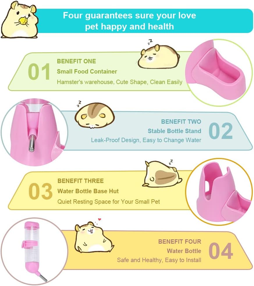 Water bowl for small animals - 3-in-1 hanging water bottle for hamsters - Automatic pet water bowl with stand - Suitable for dwarf hamsters, mice, rats and hedgehogs (80 ml - Pink)
