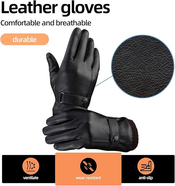 Black winter gloves made of genuine leather - warm and insulated gloves - adjustable size - compatible with touchscreen devices - non-slip palm - cashmere lining - windproof, rainproof and snowproof