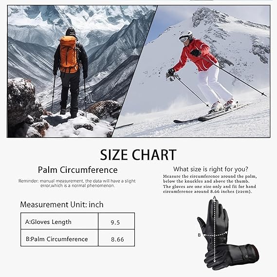Black winter gloves made of genuine leather - warm and insulated gloves - adjustable size - compatible with touchscreen devices - non-slip palm - cashmere lining - windproof, rainproof and snowproof
