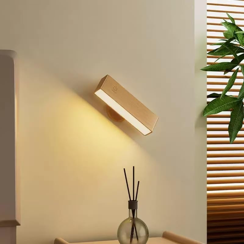Indoor wall lamp - Wooden LED wall lamp with wireless charging - Bedroom wall lamp - 360° rotating touchscreen dimmable light - Drill-free installation - Suitable for bedroom/living room