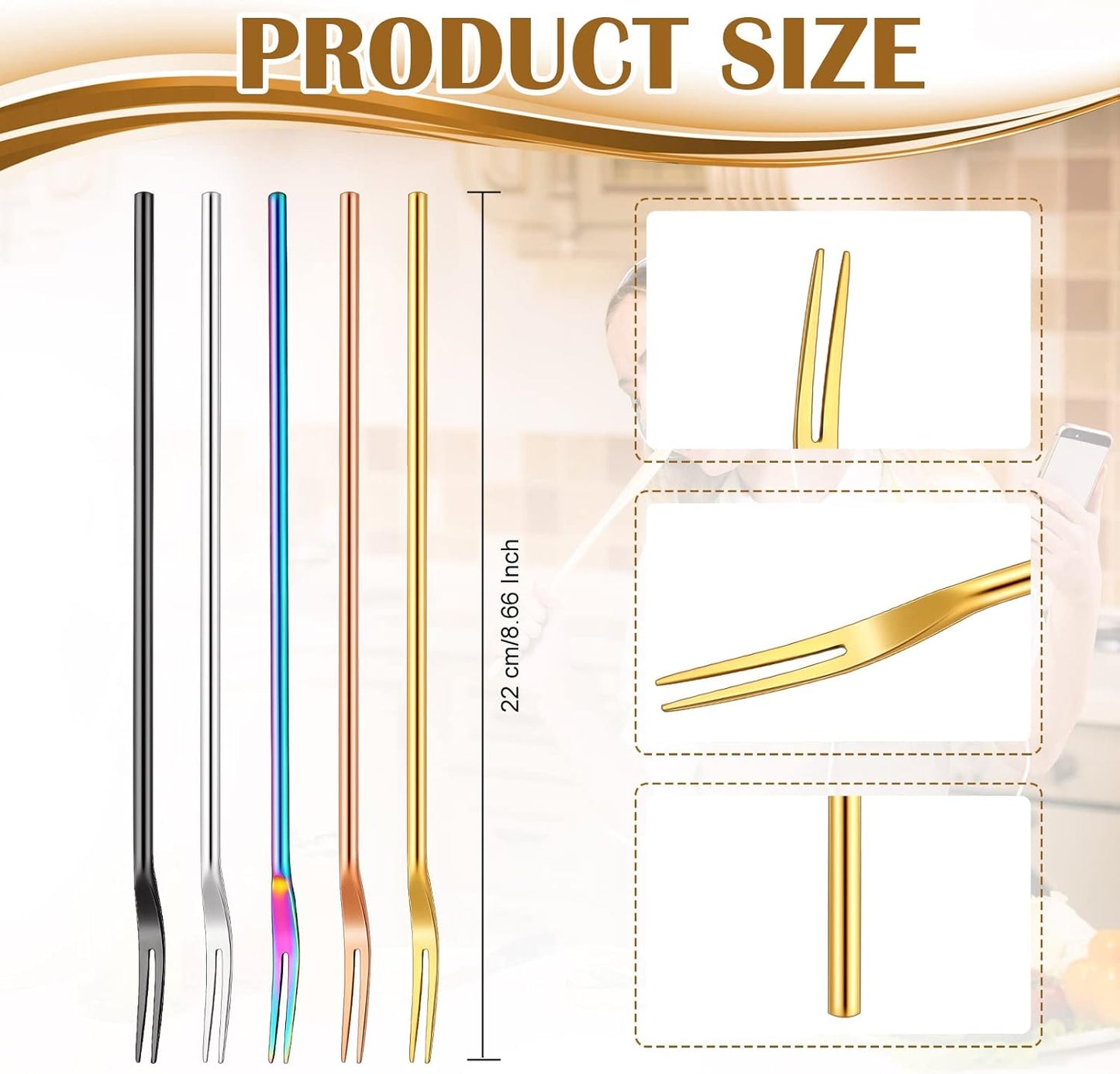 Vorken - 5 pieces - Augurkenvork - 8.66 inches - Long steel - Olive fork - 304 stainless steel - Augurkenprikker - Gripping tool - For making cocktails, desserts, fruit - 2 prongs - 5 colours