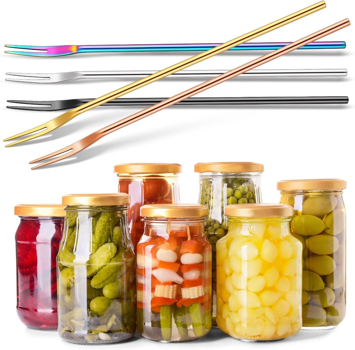 Vorken - 5 pieces - Augurkenvork - 8.66 inches - Long steel - Olive fork - 304 stainless steel - Augurkenprikker - Gripping tool - For making cocktails, desserts, fruit - 2 prongs - 5 colours