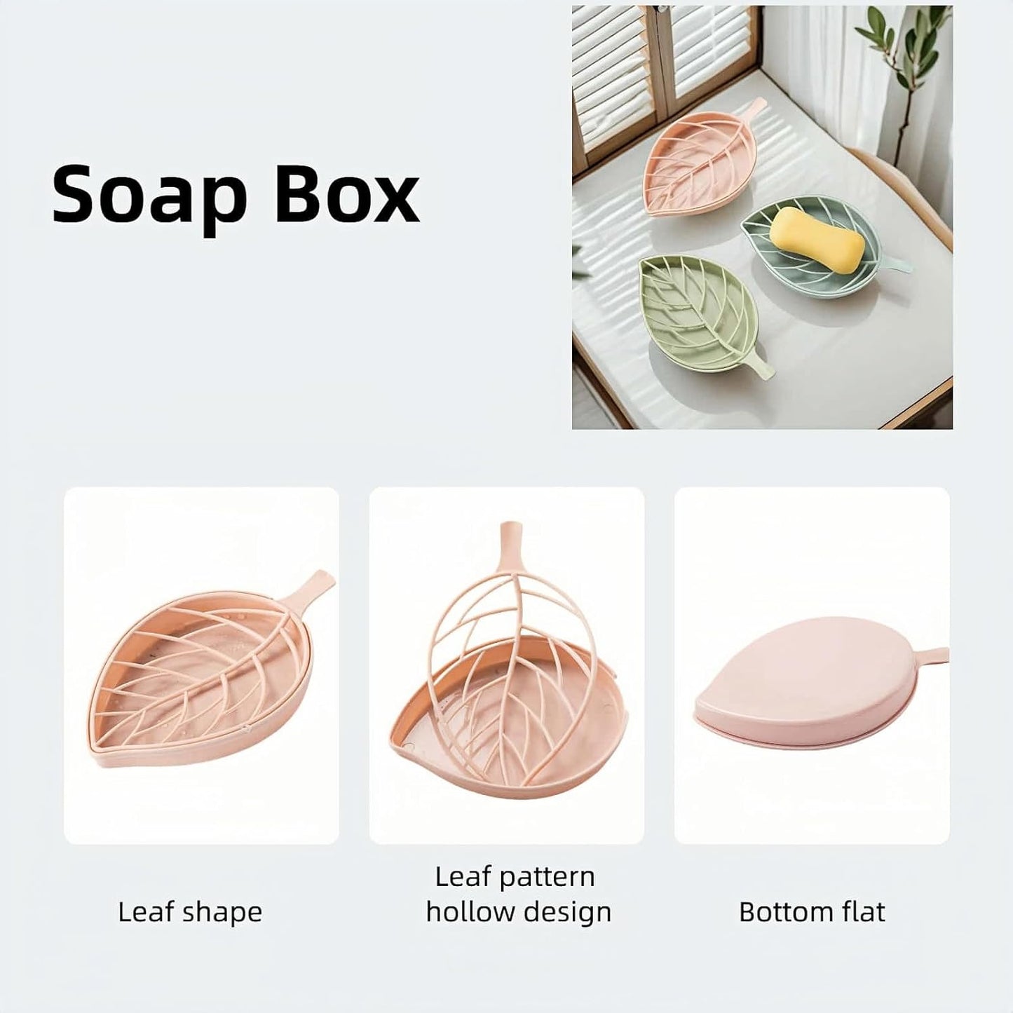Soap dish set in leaf shape - soap dish and draining rack with double layer leaf design - removable wall-mounted storage rack suitable for showers - no drilling required (light green/blue/pink)