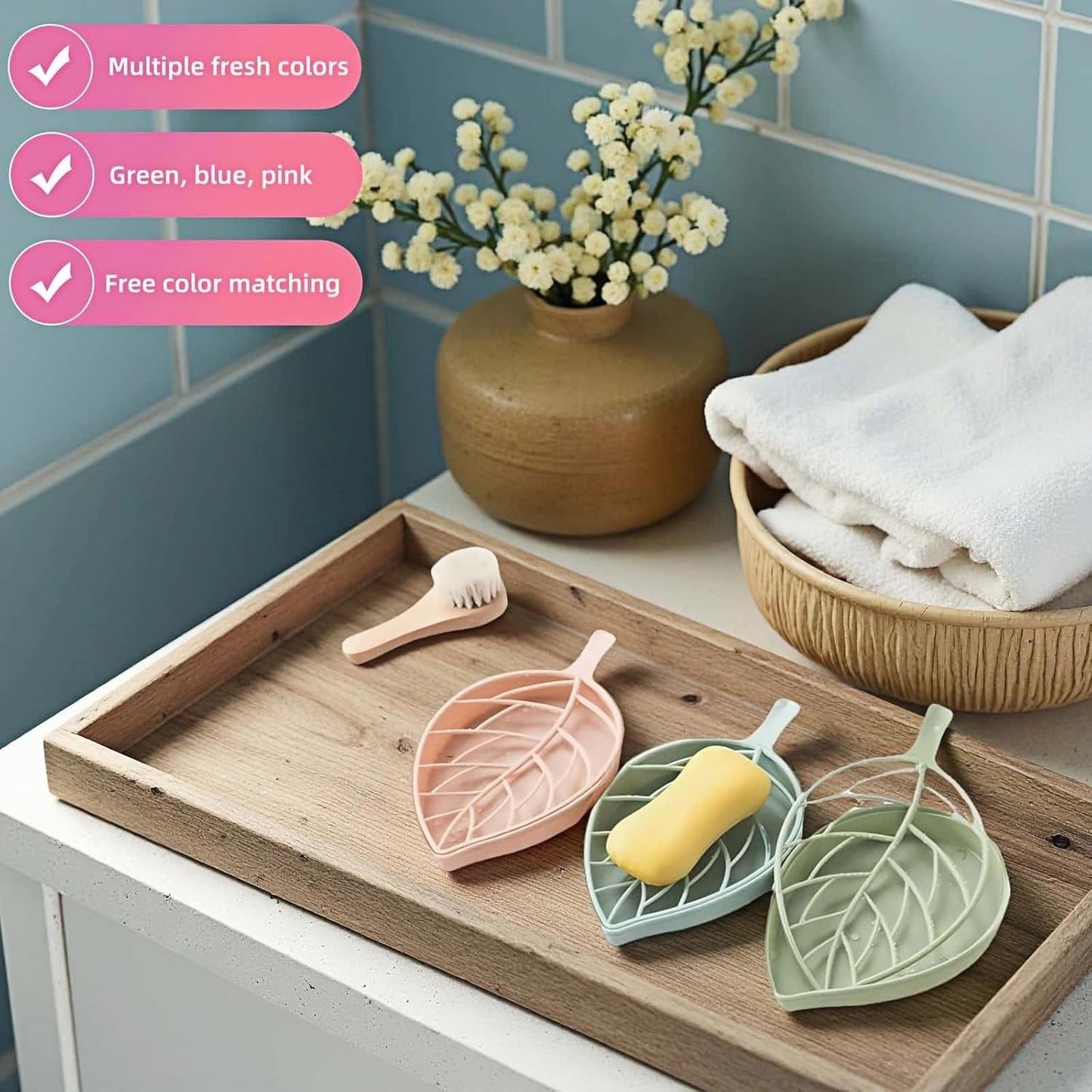 Soap dish set in leaf shape - soap dish and draining rack with double layer leaf design - removable wall-mounted storage rack suitable for showers - no drilling required (light green/blue/pink)