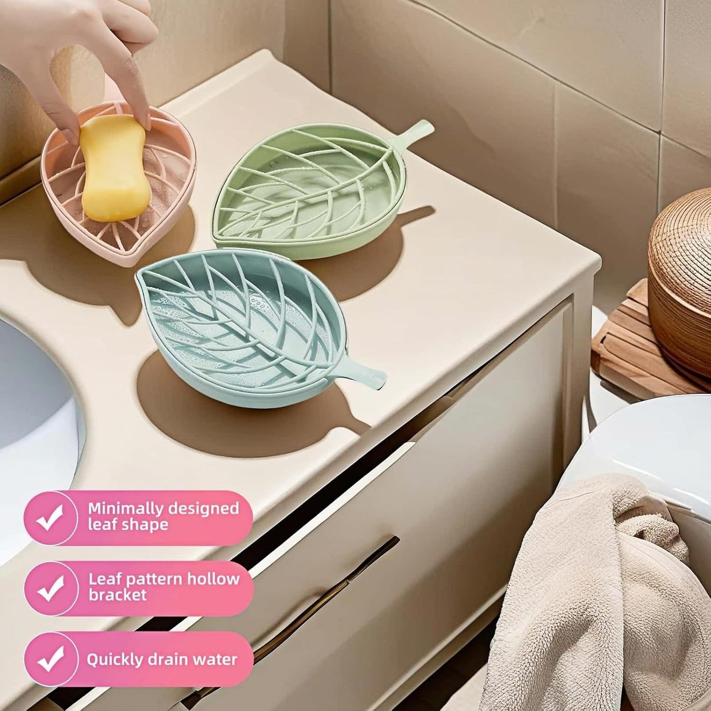 Soap dish set in leaf shape - soap dish and draining rack with double layer leaf design - removable wall-mounted storage rack suitable for showers - no drilling required (light green/blue/pink)