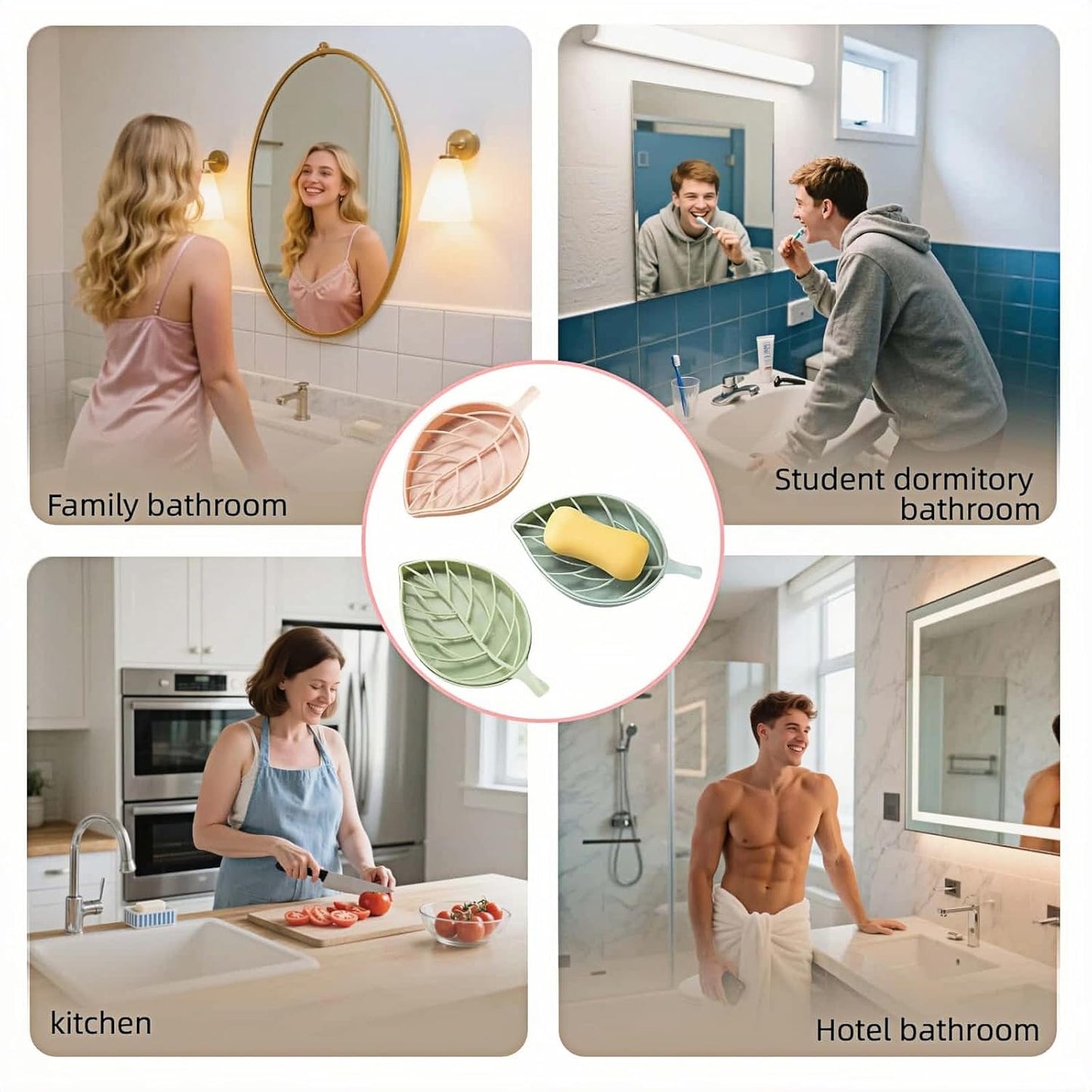 Soap dish set in leaf shape - soap dish and draining rack with double layer leaf design - removable wall-mounted storage rack suitable for showers - no drilling required (light green/blue/pink)