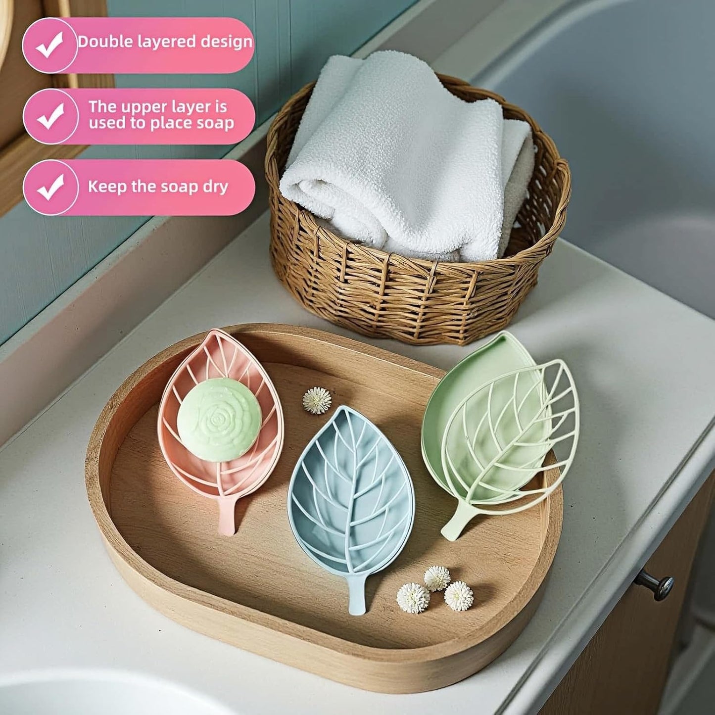 Soap dish set in leaf shape - soap dish and draining rack with double layer leaf design - removable wall-mounted storage rack suitable for showers - no drilling required (light green/blue/pink)