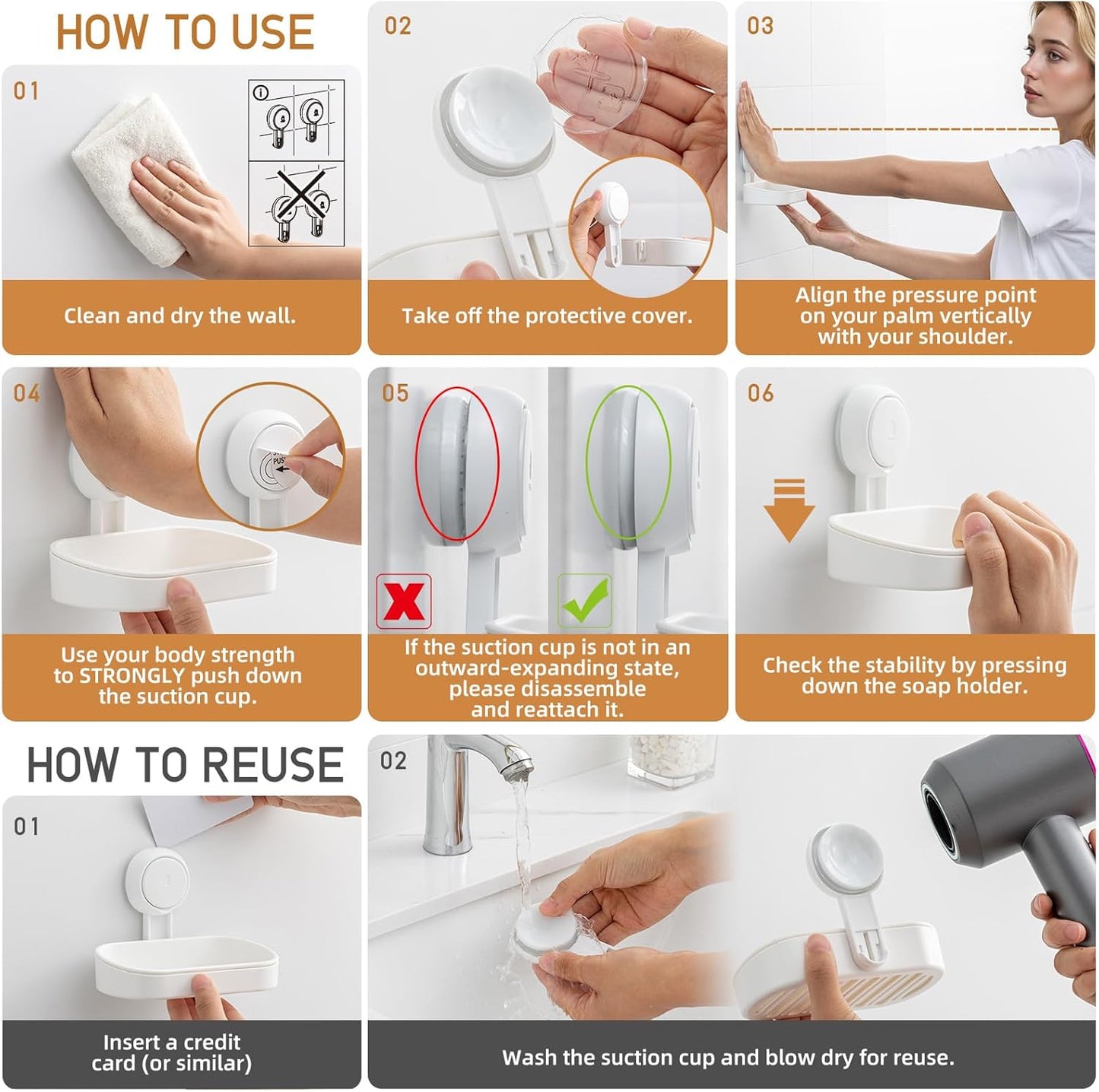 Shower soap dish, load capacity up to 3 kg, bathroom, soap dish with suction cup, wall-mounted, waterproof, no drilling required, removable shower storage container with suction cup, sponge holder, white plastic