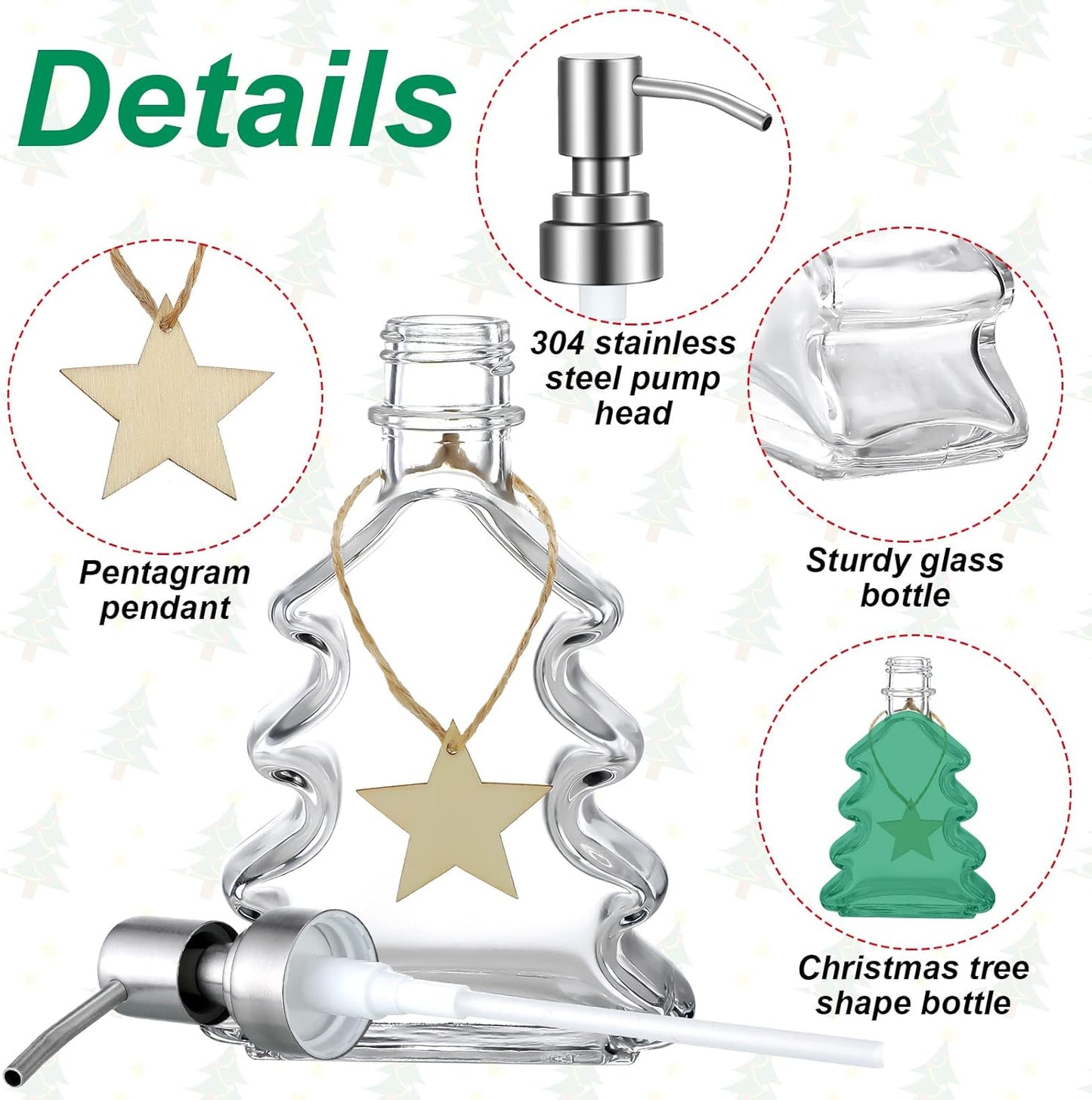Soap Dispenser - Christmas Tree Shape - Glass - with Stainless Steel Pump - Christmas Decoration - Lotion Pump Bottle - Hand Soap Dispenser - Empty Pump - Suitable for Bathroom and Kitchen