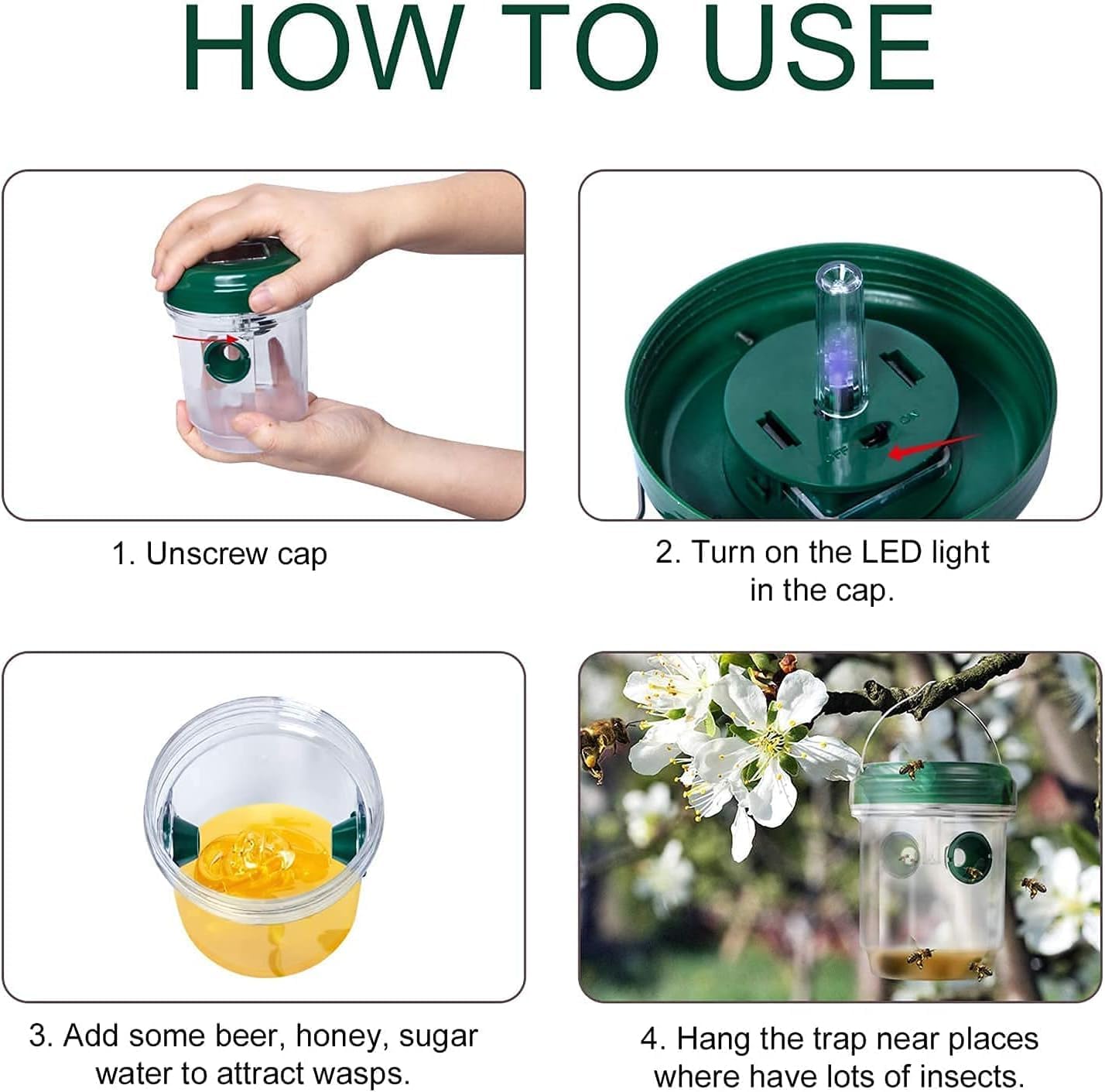 2-pack solar-powered wasp traps - Hanging wasp traps for outdoors - Suitable for wasps, hornets, bumblebees, etc. outdoors - With UV-LED light