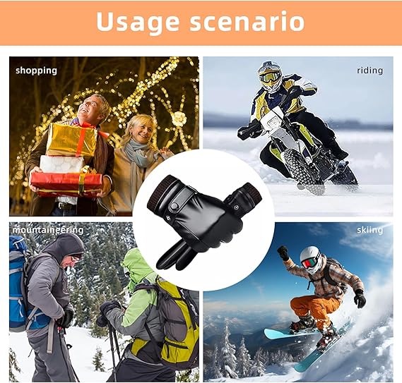 Black winter gloves made of genuine leather - warm and insulated gloves - adjustable size - compatible with touchscreen devices - non-slip palm - cashmere lining - windproof, rainproof and snowproof