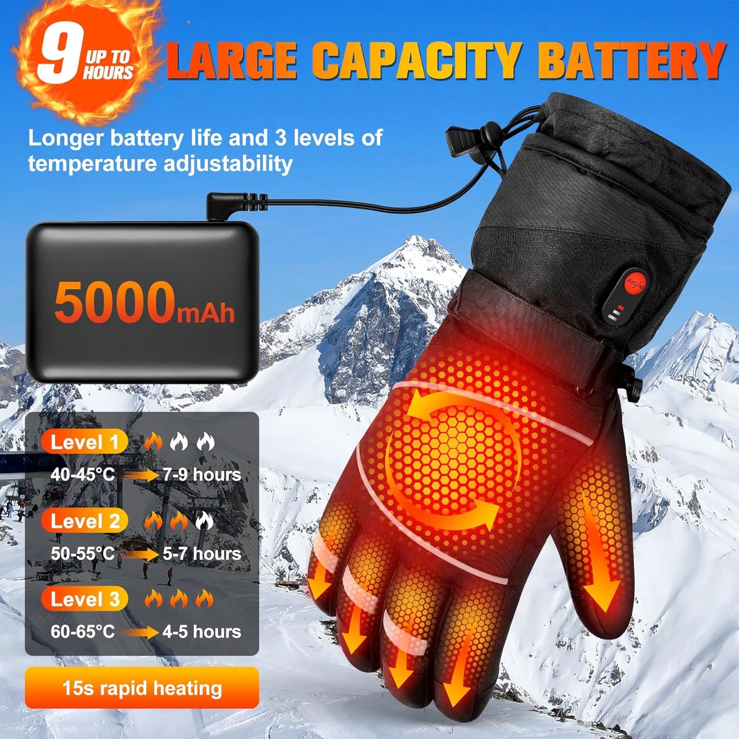 Gloves - Warm winter gloves - Rechargeable heated gloves - 3 heating settings, 360° heating - Touchscreen, waterproof/windproof - Winter ski/cycling/hiking gloves (unisex)