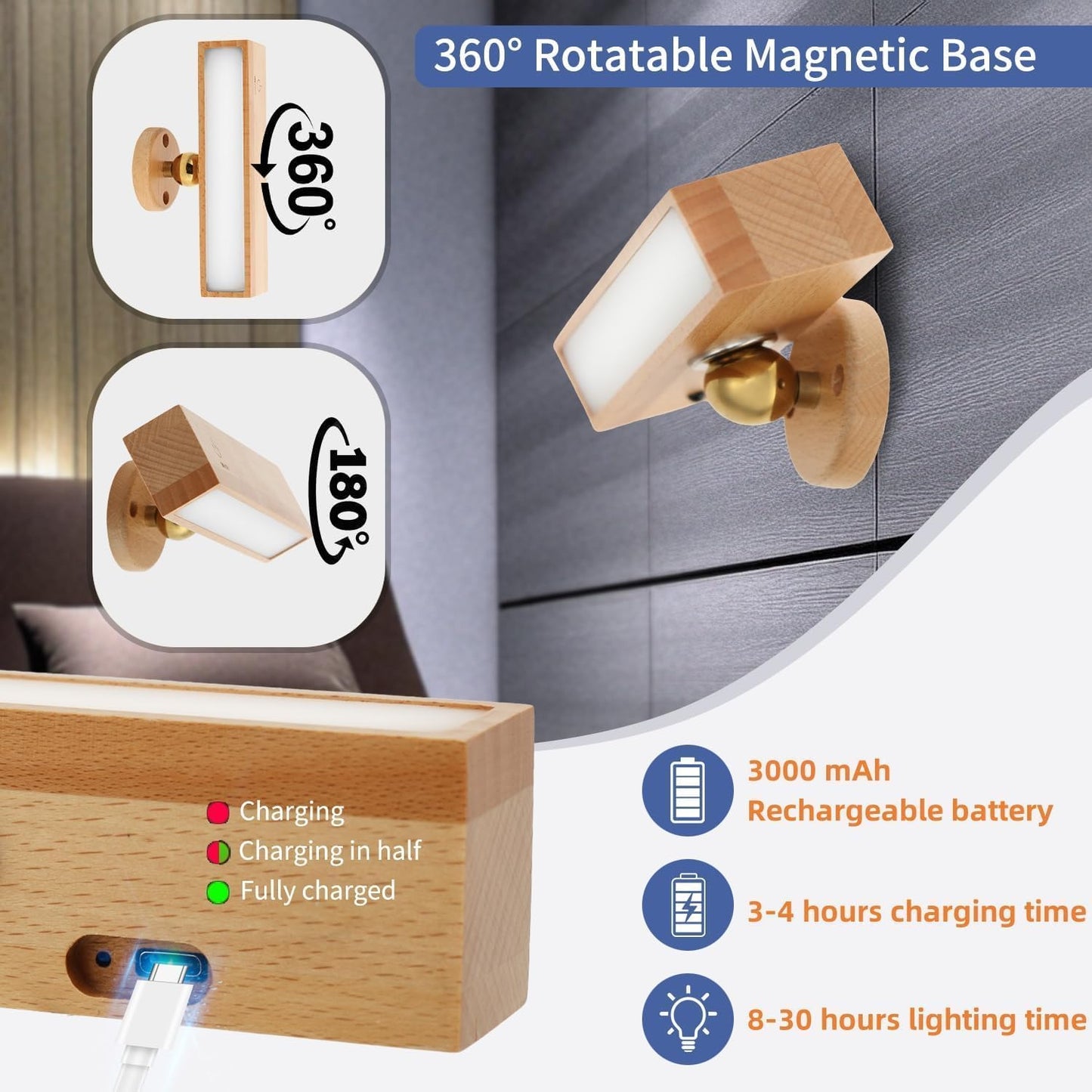 Indoor wall lamp - Wooden LED wall lamp with wireless charging - Bedroom wall lamp - 360° rotating touchscreen dimmable light - Drill-free installation - Suitable for bedroom/living room