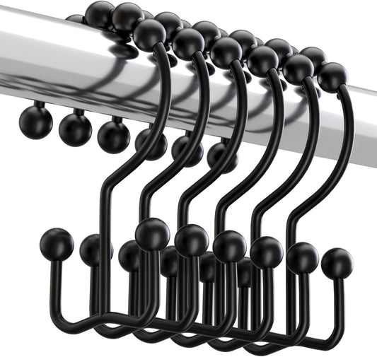 Matzwarte shower curtain hooks (12-pack) - Double hooks made of stainless steel - Hooks with smooth rolling action - Suitable for shower curtains up to 3.3 cm thick - Suitable for shower curtains and waterproof liners. (black)