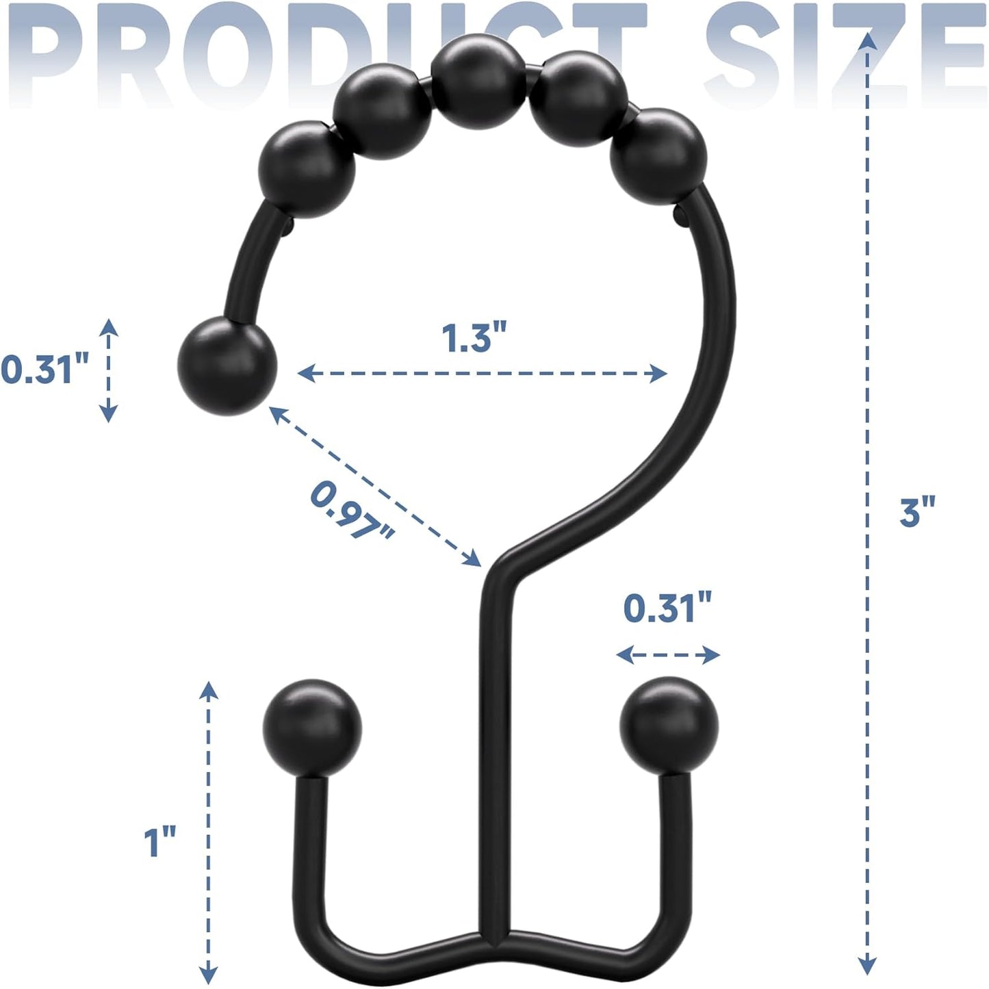 Matzwarte shower curtain hooks (12-pack) - Double hooks made of stainless steel - Hooks with smooth rolling action - Suitable for shower curtains up to 3.3 cm thick - Suitable for shower curtains and waterproof liners. (black)