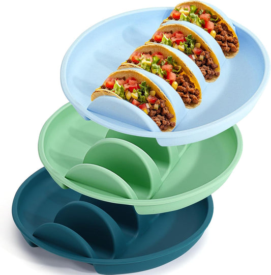 Silicone taco trays - 3-pack - with dividers - Eco-friendly - Reusable - Taco plates - Taco holders - Hard/soft taco shell holder - Taco party tray - Dishwasher and microwave safe