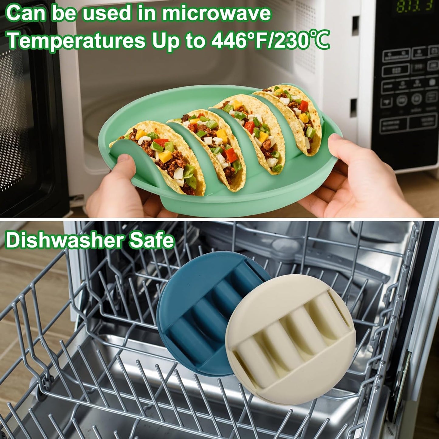 Silicone taco trays - 3-pack - with dividers - Eco-friendly - Reusable - Taco plates - Taco holders - Hard/soft taco shell holder - Taco party tray - Dishwasher and microwave safe