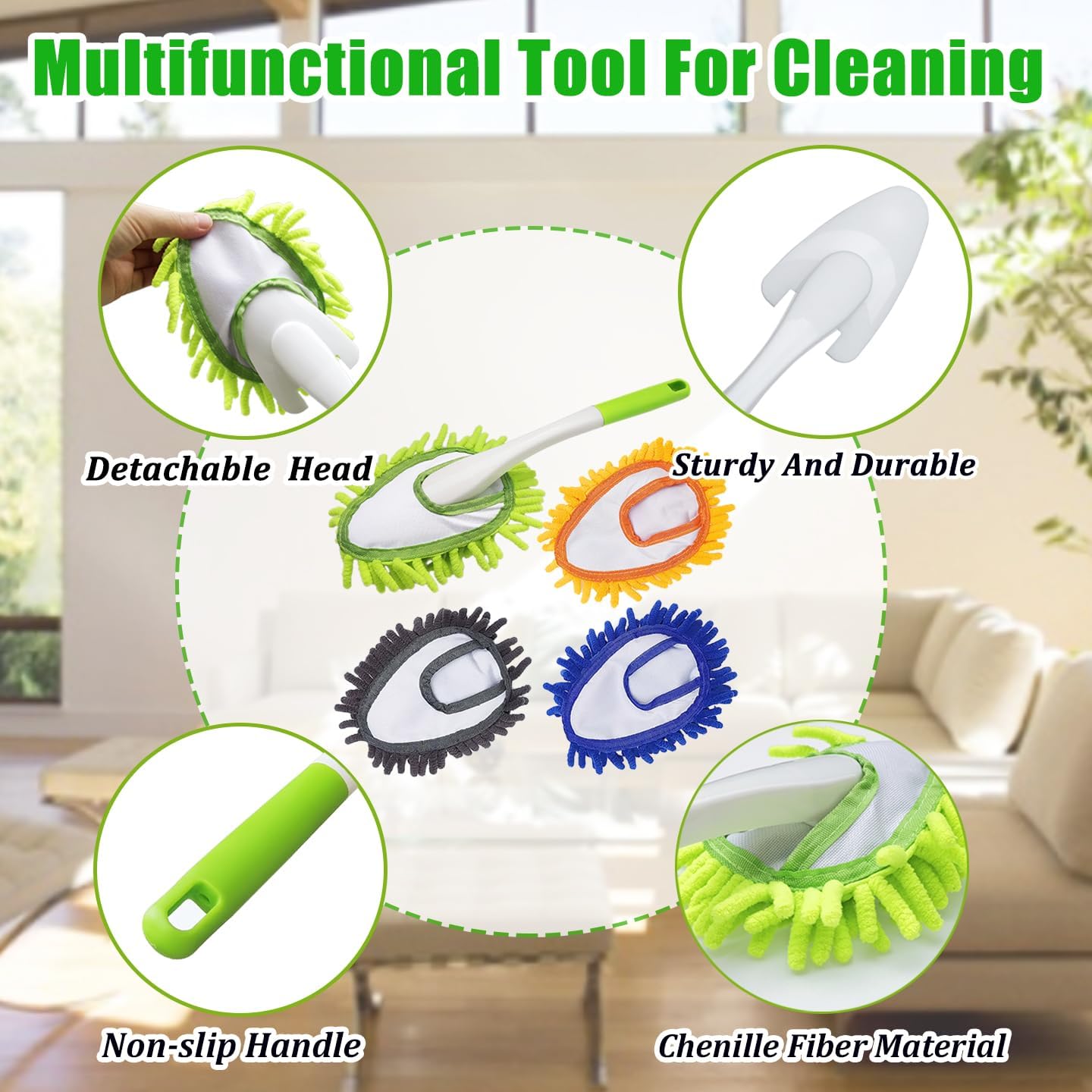 Cloth brush - Microfiber cloth - Hand-washable cloth - With 4 replaceable microfiber heads - Can be used wet and dry - Removable cleaning accessories - Suitable for office, car, windows, furniture and walls