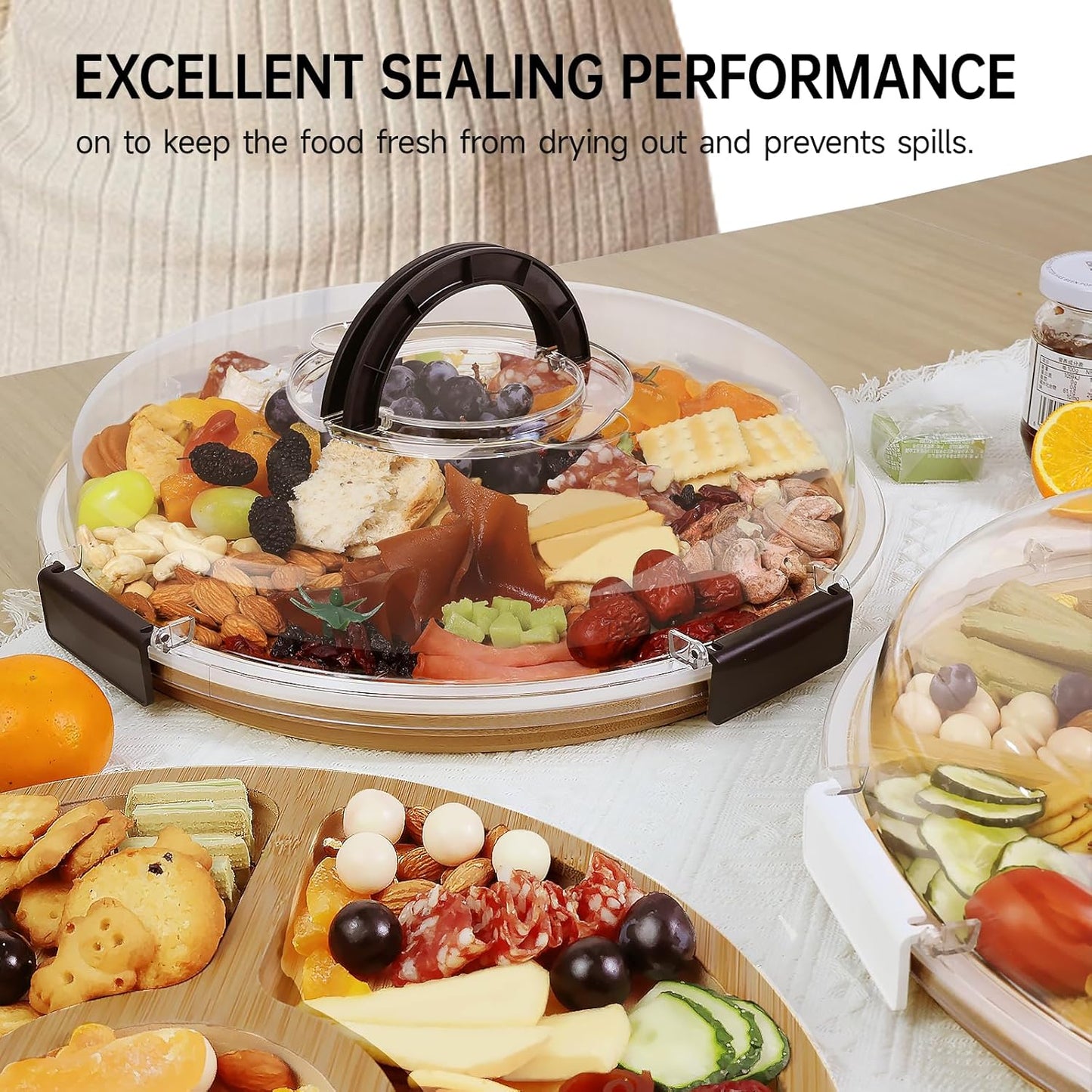 Eetblad - Bamboo plate with clear lid - Dried fruit plate - Rice picnic - Portable - Deli container - Meat- Wood eco-friendly- and fruit bowl - Housewarming gift for a new home