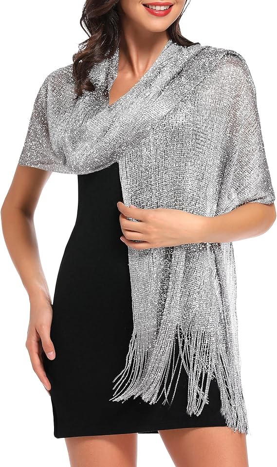 Ladies' scarf - shimmering metallic scarf - fringed scarf - suitable for evening parties, weddings, sea, beaches - with clip