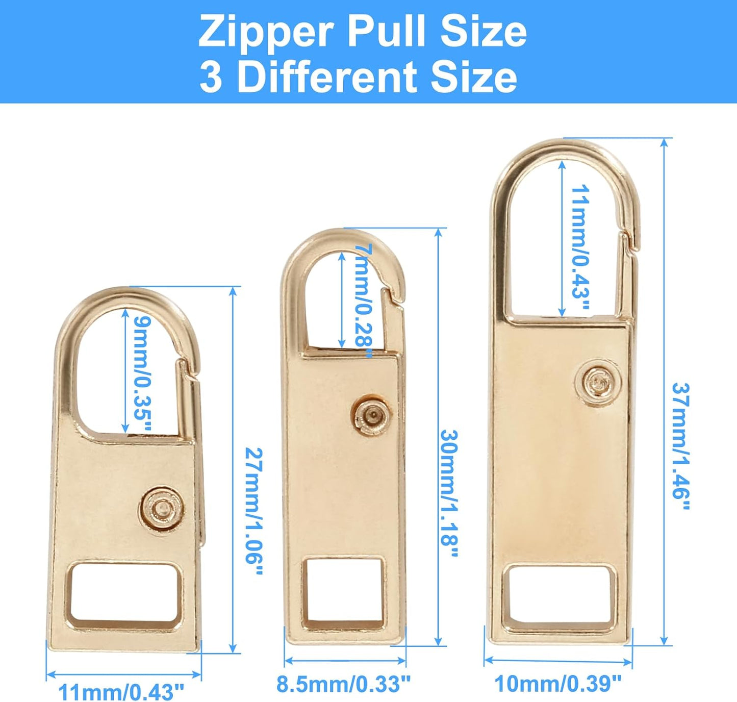 Biaungdo 6 Pcs Zipper Pull Replacement, Detachable Zipper Pull Tabs Slider Metal Luggage Zipper Handle and Fixes for Clothing Jackets Backpacks Handbags Wallet Boots Purse Coat(3 Sizes, Gold)