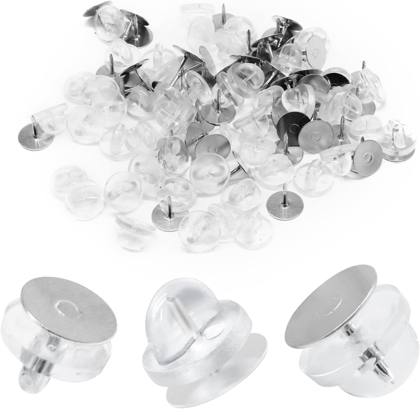 Biaungdo 50 Pcs Rubber Lapel Pin Backs with Lapel Pins, PVC Butterfly Clutch Pin Backings Cap Keepers Tie Tack Pins Backs Holder Replacement for Uniform Badges, Craft Making(Clear)