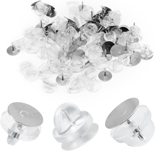 Biaungdo 50 Pcs Rubber Lapel Pin Backs with Lapel Pins, PVC Butterfly Clutch Pin Backings Cap Keepers Tie Tack Pins Backs Holder Replacement for Uniform Badges, Craft Making(Clear)