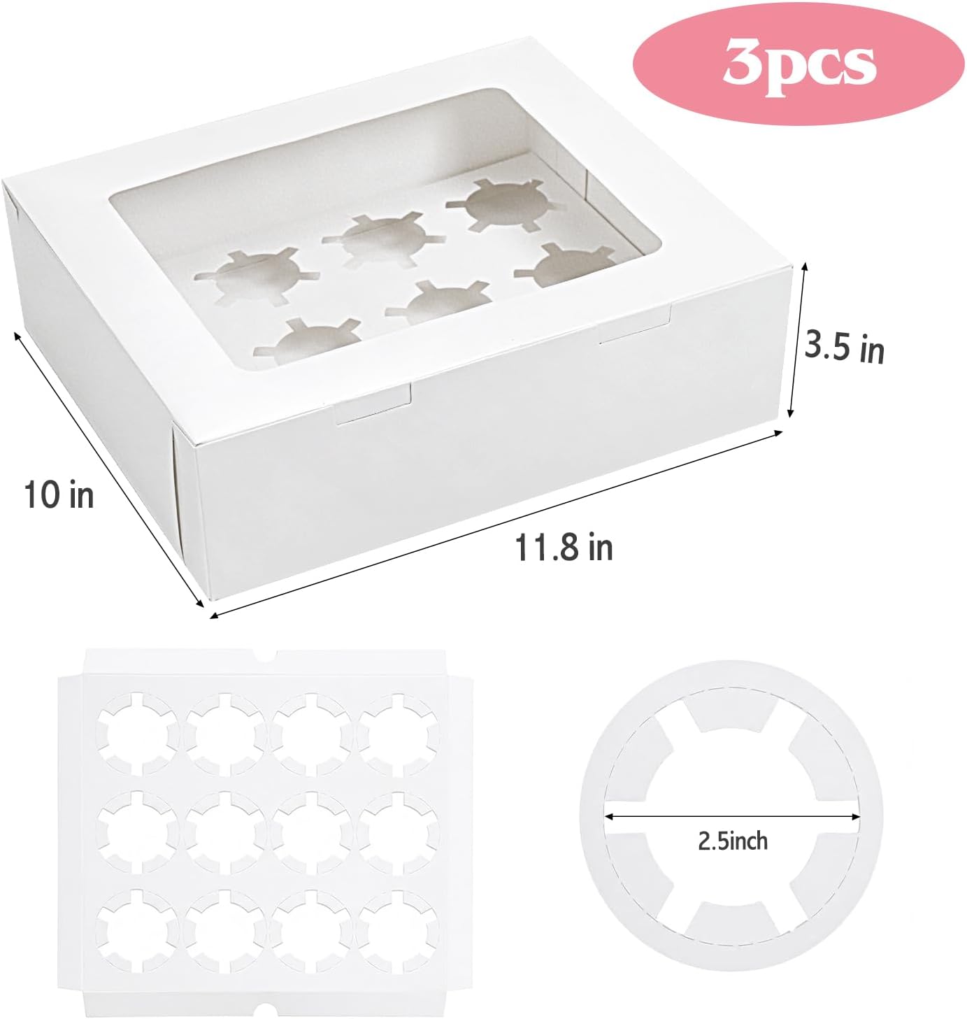 Moretoes 3PCS Cupcake Boxes with Window,Hold 12 Count Cupcake Containers for Cupcakes, Desserts, and More (White)