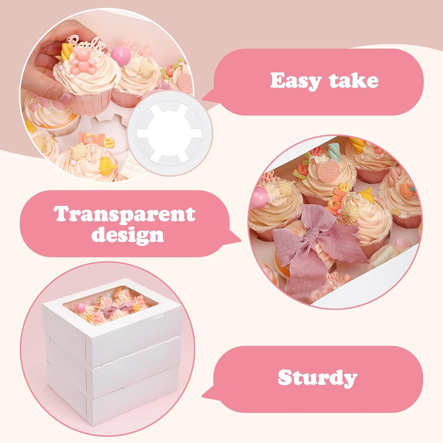 Moretoes 3PCS Cupcake Boxes with Window,Hold 12 Count Cupcake Containers for Cupcakes, Desserts, and More (White)