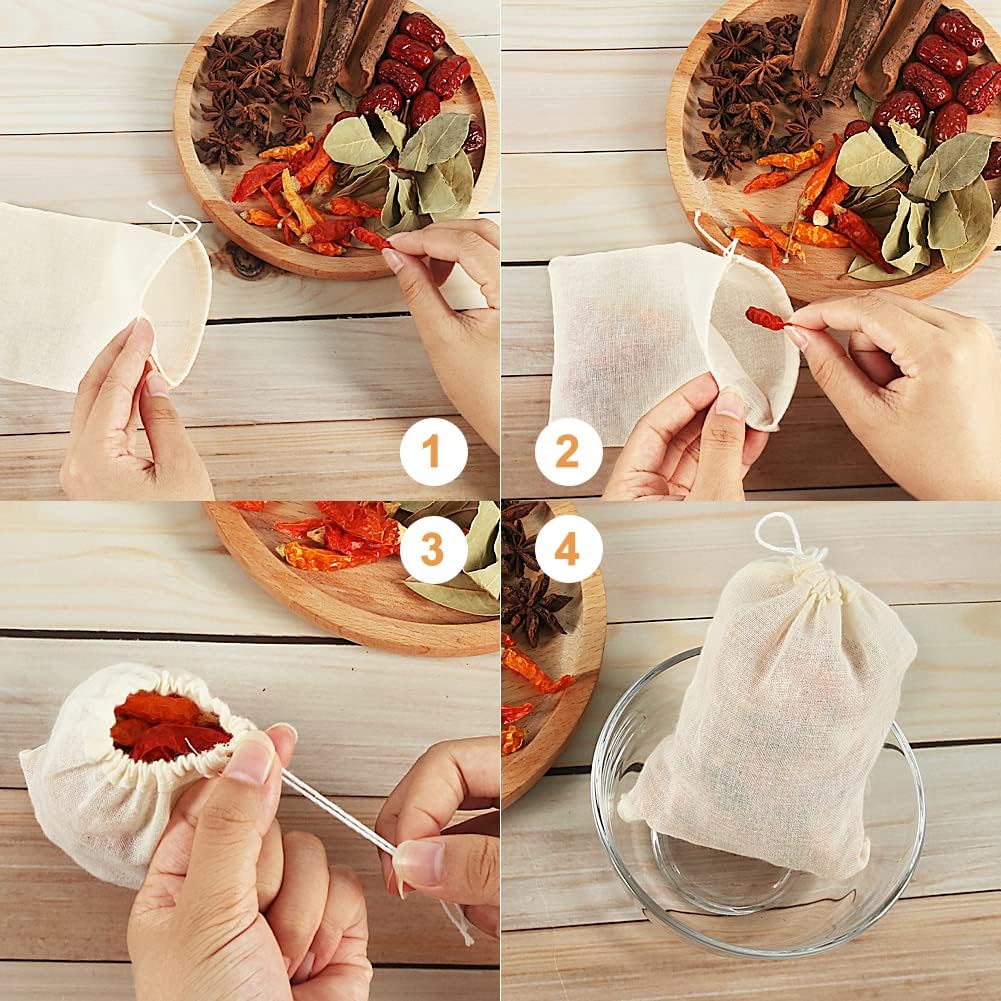 YQL Spice Bags for Cooking,30PCS 4x6 Inch Muslin Bags with Drawstring Tea Filter Bags Cheesecloth Bags for Straining Reusable Natural Cotton Sachet/Herb Bags