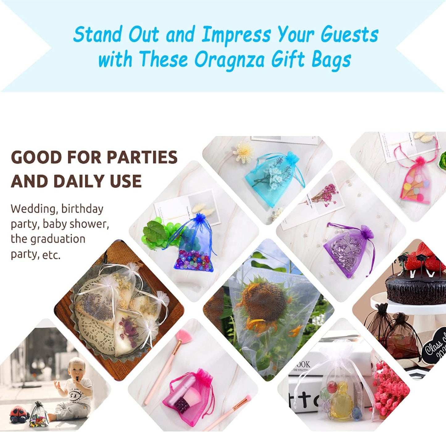 50Pcs White Organza Bags 3x4 Inch, Small Sheer Wedding Party Favor Bags with Drawstring, Mesh Jewelry Gift Bags Christmas Candy Pouches
