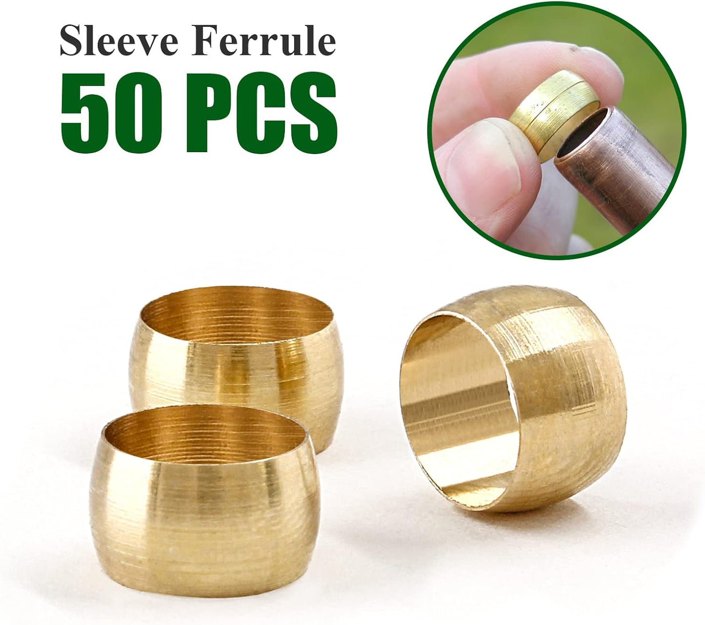 Biaungdo 50 Pcs Brass Compression Fitting, 1/4" Tube OD Compression Sleeves Ferrules Brass Compression Tube Fitting Assortment