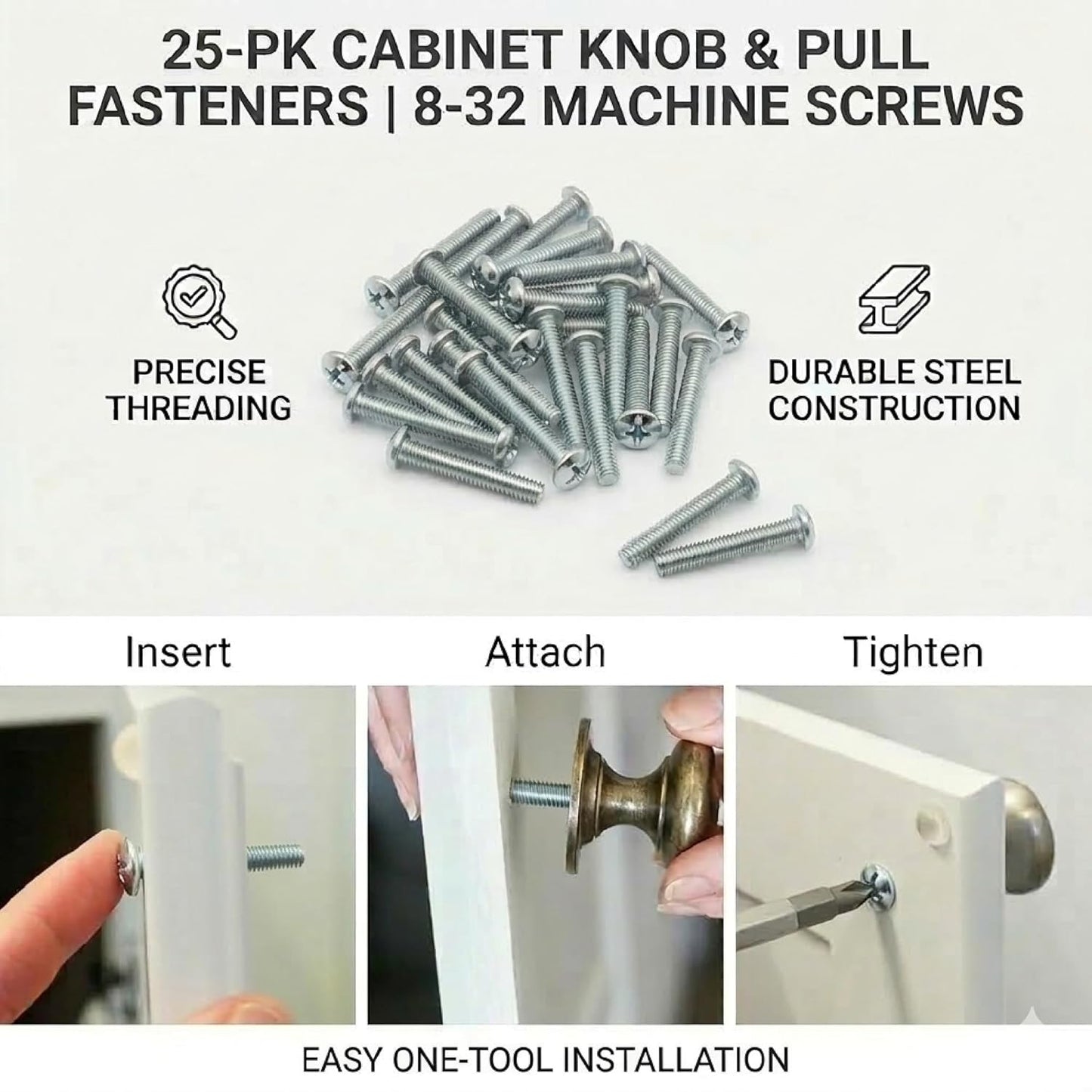 Cabinet Knob & Pull Machine Screws 25-pk (8-32 x 1-1/2") or Choose Your Length; Fasteners for Kitchen & Bathroom Drawer & Door Hardware