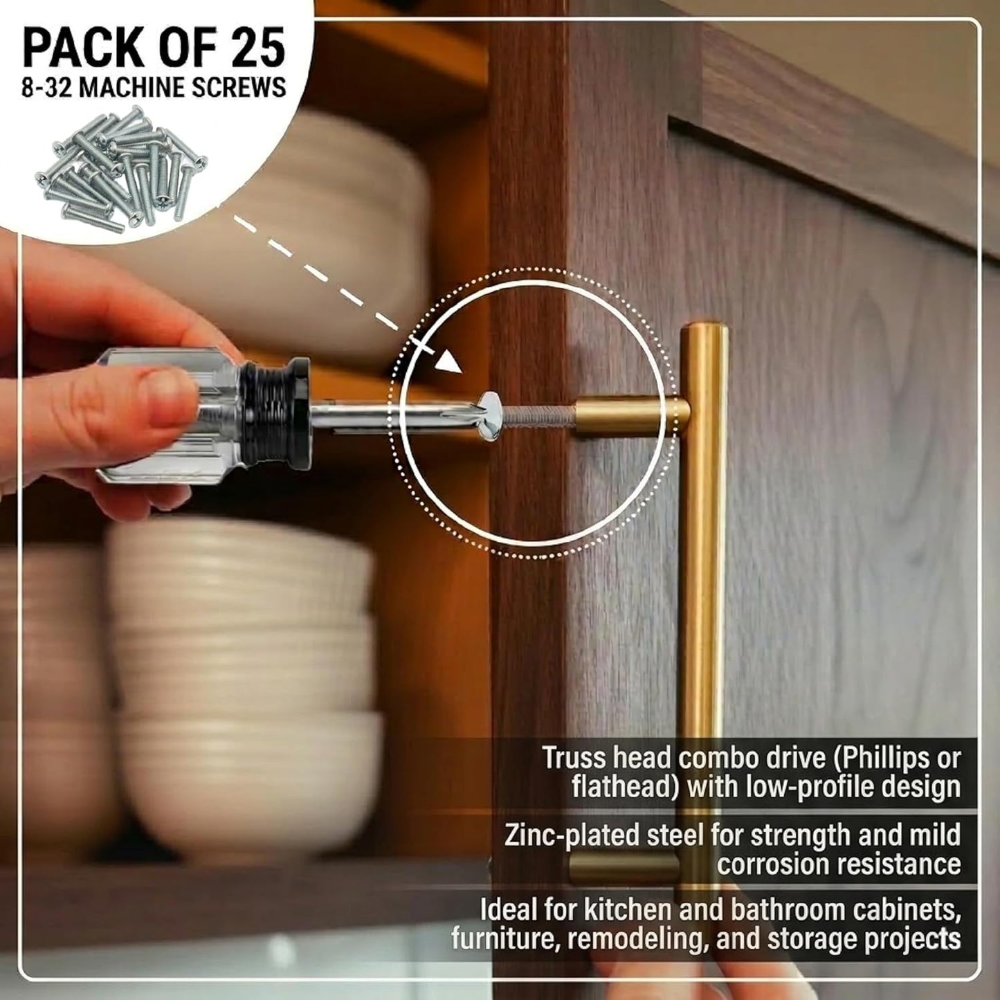 Cabinet Knob & Pull Machine Screws 25-pk (8-32 x 1-1/2") or Choose Your Length; Fasteners for Kitchen & Bathroom Drawer & Door Hardware