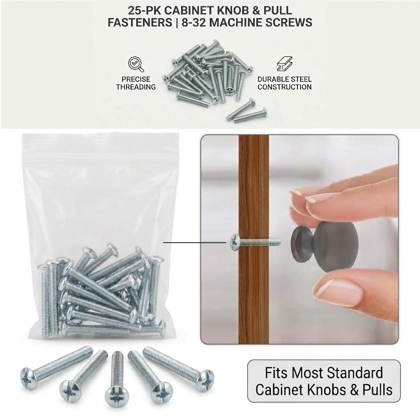 Cabinet Knob & Pull Machine Screws 25-pk (8-32 x 1-1/2") or Choose Your Length; Fasteners for Kitchen & Bathroom Drawer & Door Hardware