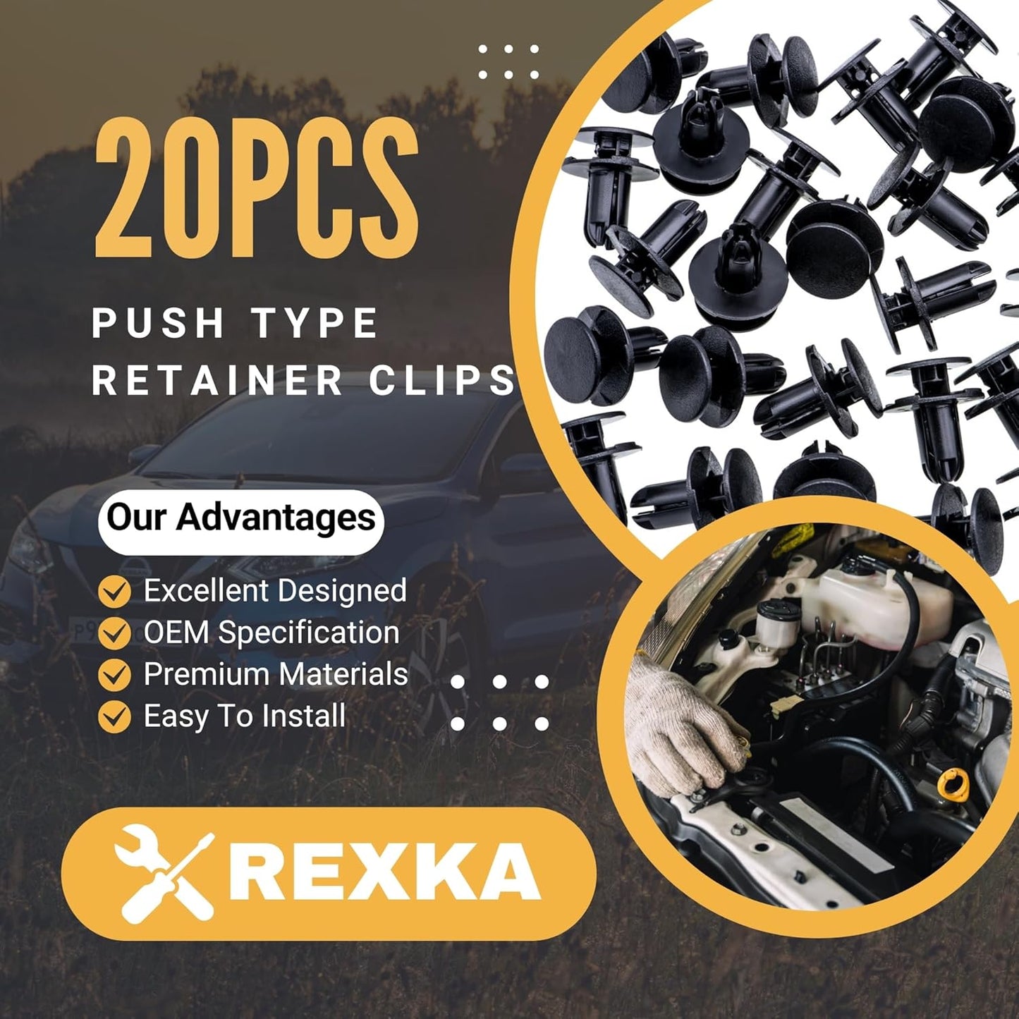 Rexka 20pcs Fender Liner Push-Type Retainer Clip Fastener Compatible with Hyundai Kia 86595-2T500 Accent,Azera,Elantra,Equus,Genesis, Ioniq, Kona,Santa Fe,Sonata,Tucson,Veloster,Optima,Sedona