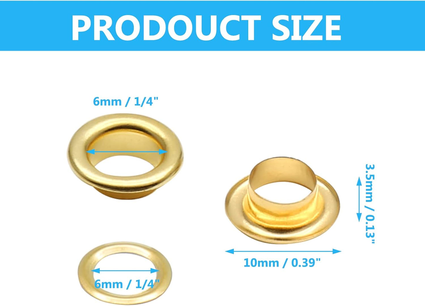 Biaungdo 1/4" Eyelets, Gold Grommets Eyelets, Metal Eyelets with Washers for Canvas, Shoes, Clothing, Fabric, Leather and Bag, 100 Sets (Gold)