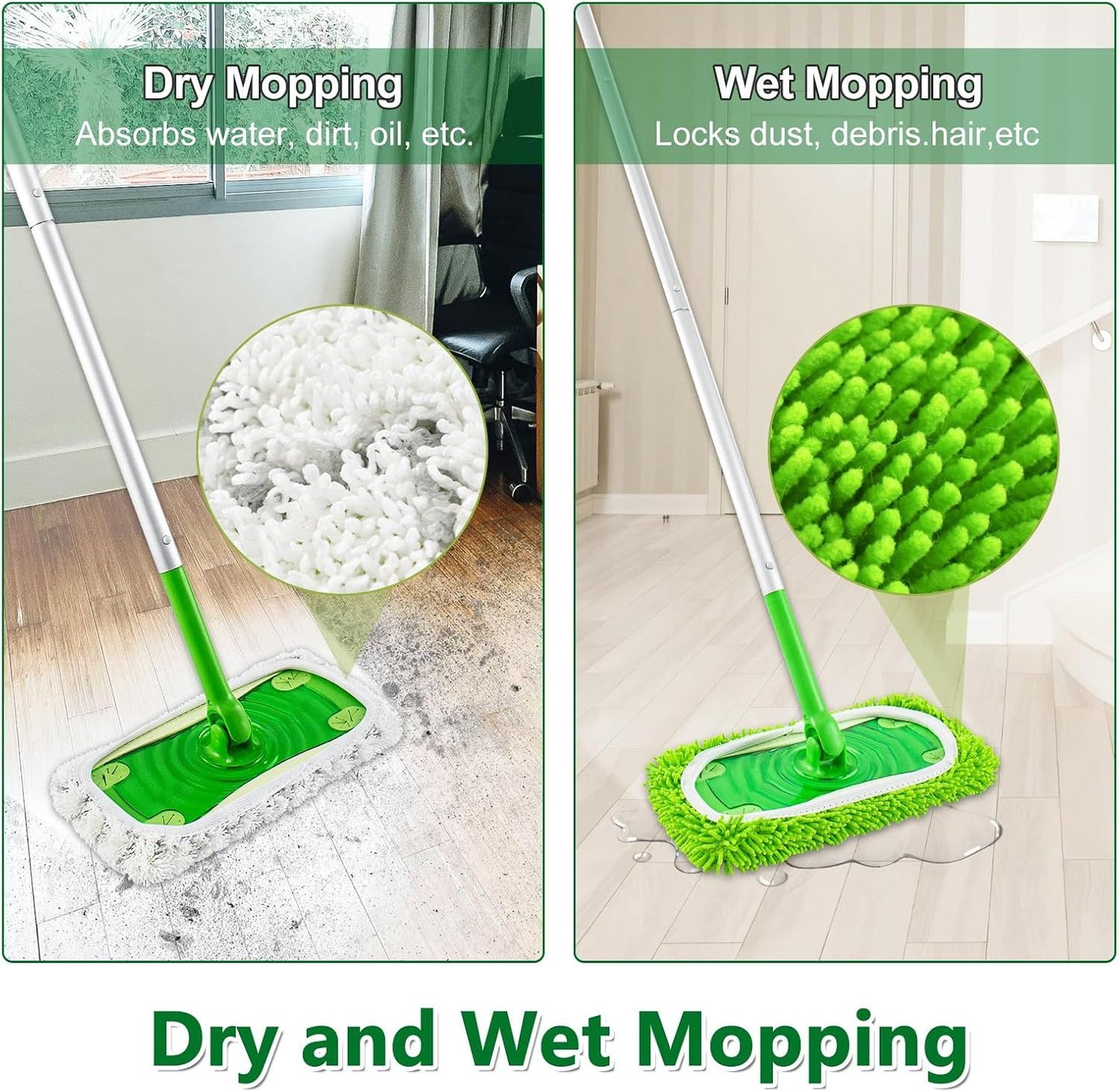 4 Pack Reusable Mop Pads Compatible with Swier Sweeper Mop,Wet Pads Reill & Dry Sweeping Cloths,Chenille & Microiber Reill Pads or Wood loor Cleaning,Washable Wet Mopping Cloths,Green & Gray