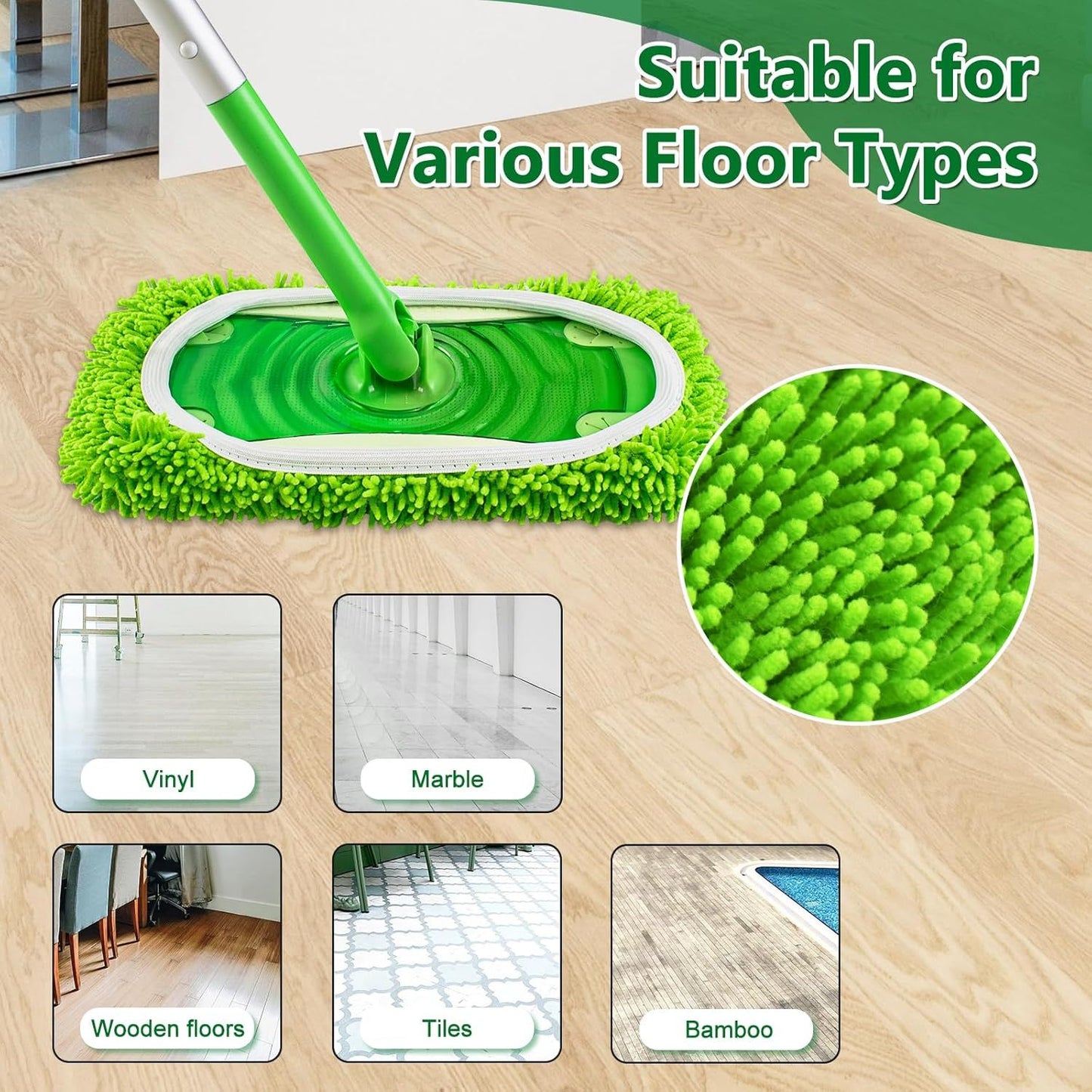 4 Pack Reusable Mop Pads Compatible with Swier Sweeper Mop,Wet Pads Reill & Dry Sweeping Cloths,Chenille & Microiber Reill Pads or Wood loor Cleaning,Washable Wet Mopping Cloths,Green & Gray