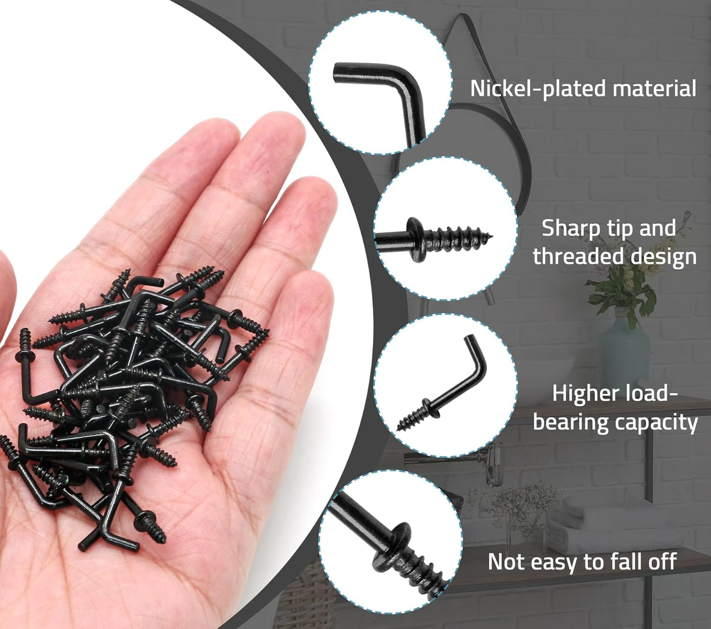 Biaungdo 100 Pack 1/2" L Hooks, Black Screw in Hooks Small L Shaped Hooks Right Angle Screw Hooks 7 Shape Hook Mini Self Tapping Screw Hooks Tiny Metal Screw Hooks for Hanging