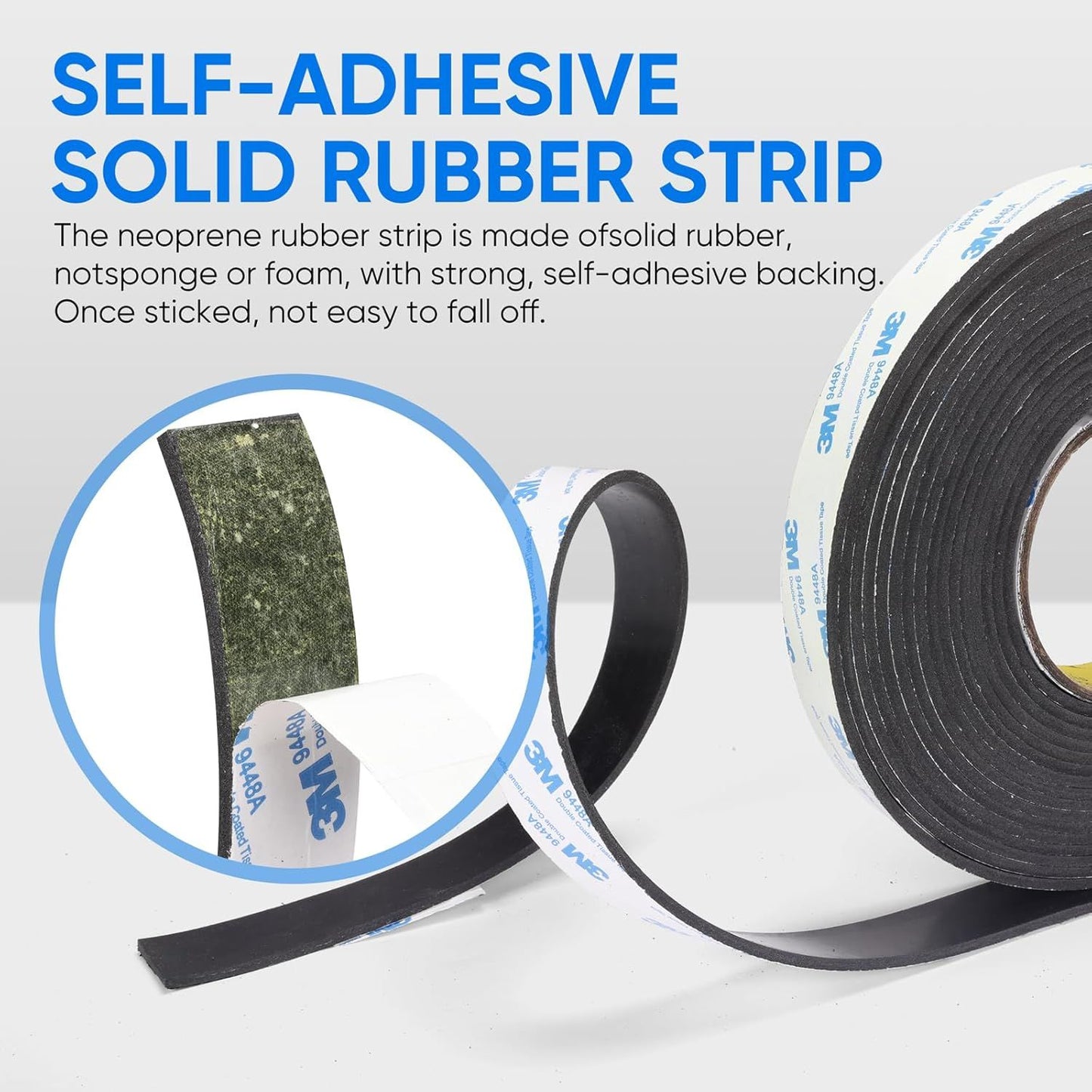 Rubber Strips, Solid Rubber Sheets Sel Adhesive Neoprene Rolls & Strips or DIY Gaskets Anti-Slip Pads Crats Pads Seal Strip Weather Striping (1” Wide x 1/8" Thick x 3.3' Long)