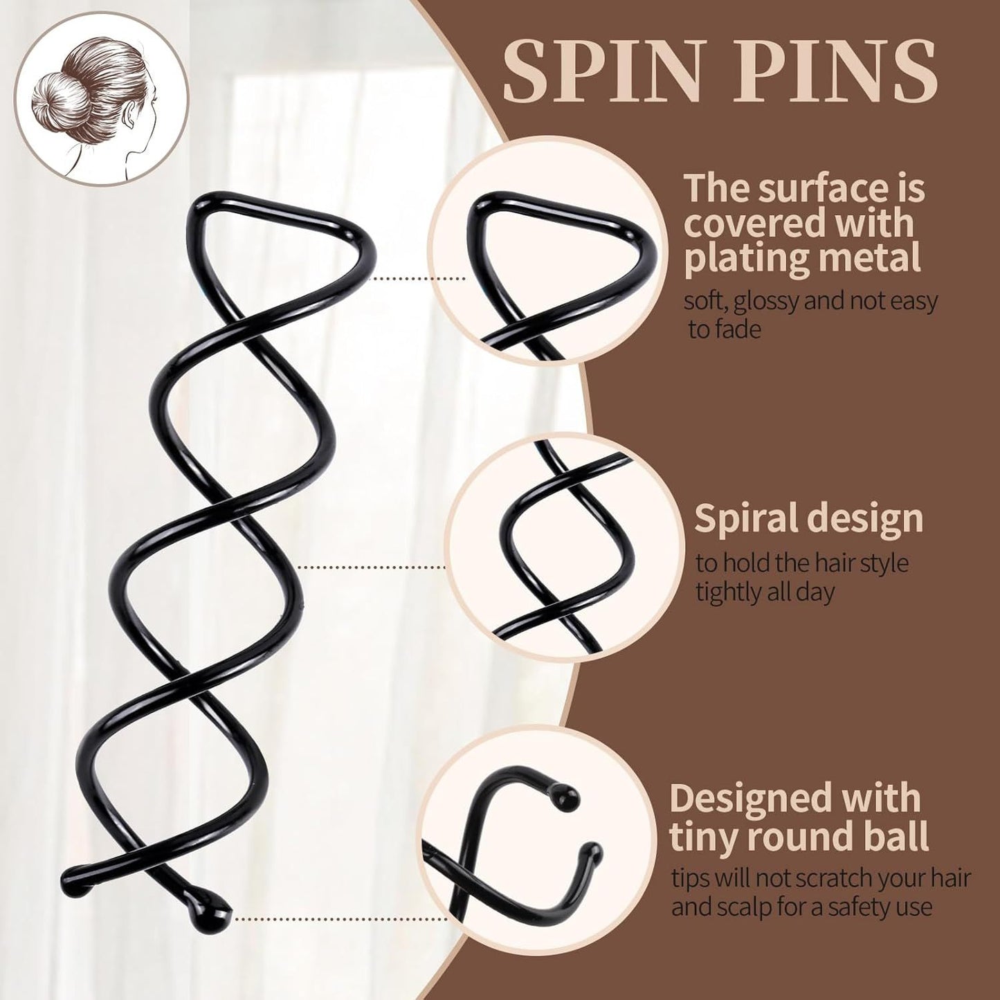 20PCS Spiral Hair Pins, Spin Pins Spiral Bobby Pins or Girls, Women and Kids, Non-Scratch Round Clip & Bun Twist, Stylish Bun Bobby Pins, Premium Spin Pins or Hair, Black